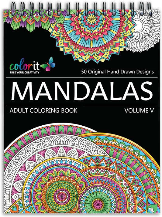 ColorIt Mandalas Volume V Spiral Bound Adult Coloring Book with 50 Mandala Patterns for Relaxation and Stress Relief - Includes Perforated Pages, Thick Paper, Hardback Covers, and Blotter Page