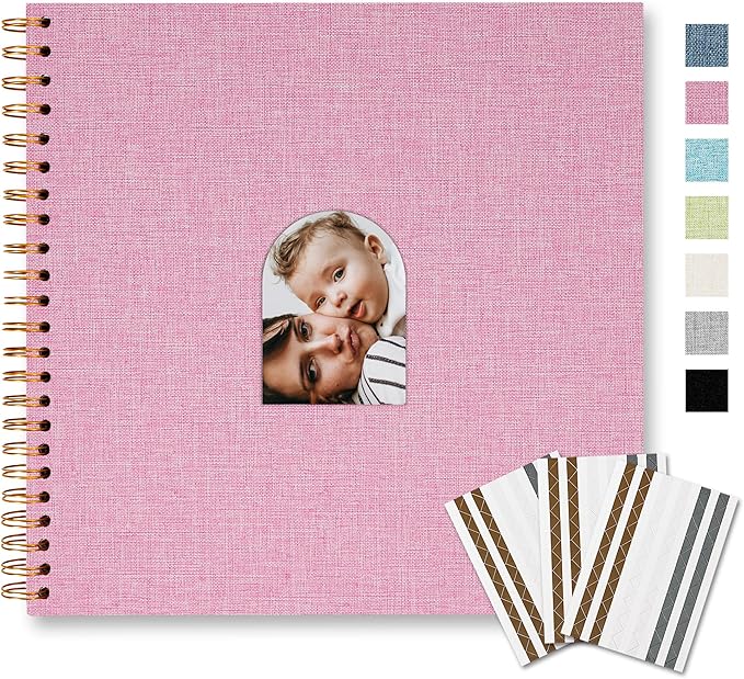 Vienrose 10X10 Inch DIY Scrapbook Album Linen Arch Window Photo Album 20 Blank Pages Scrap Book Photo Albums for Wedding Baby Shower, Pink