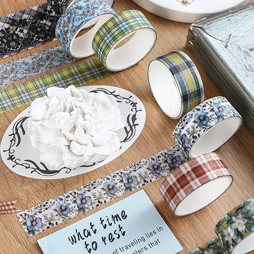 10 Rolls Vintage Floral Washi Tape Set Pastel Plaid Arts Adhesive Tapes Soft Colors Decorative Masking Tape Sets for Craft, Kids, Scrapbook, DIY, Gift Wrapping (Blue Bow)