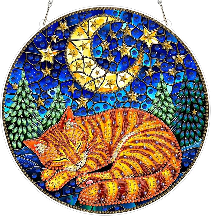 MXJSUA Stained Glass Moon Cat Diamond Painting Art Window Suncatchers, Diamond Art Kits for Adults Hanging Ornaments with Chain, 5D Special Shape Crystal Diamond Pendant Accessories for Decor Gift