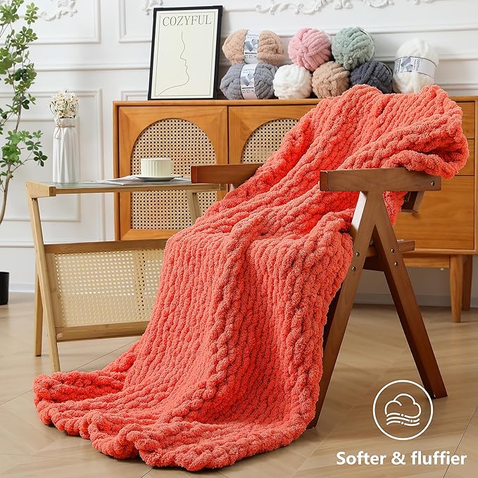 Chunky Yarn for Hand Knitting - #10 Chunky Chenille Yarn, Jumbo Big Thick Chunky Yarns for Crocheting, Super Bulky Chunky Knit Blanket Yarns, 8 Skein (25 yds 8 oz Each Skein), Solar Orange