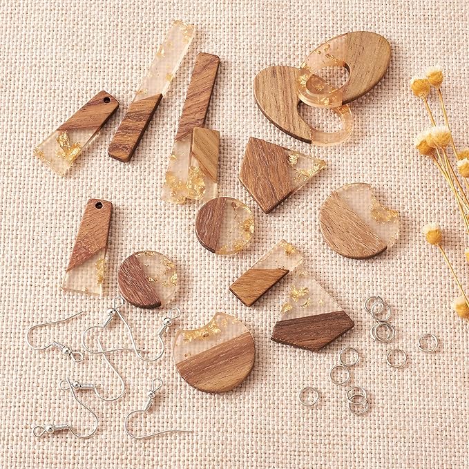 Beadthoven 60pcs Resin Wood Charms Earring Pendants Making Kit Gold Earring Charms DIY Boho Wood Blanks Rectangle Round Teardrop Geometry Resin Wooden Pieces for Jewelry Making with Earring Hooks
