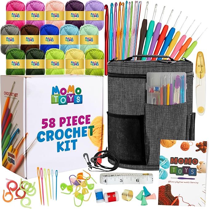MOMOTOYS Crochet Kit for Beginners, Crochet Hook Set with Yarn Set,Crocheting Kit, 74PCS with Crochet Book and Bag, Crochet Kits for Beginners Adults, Crochet Accessories and Supplies