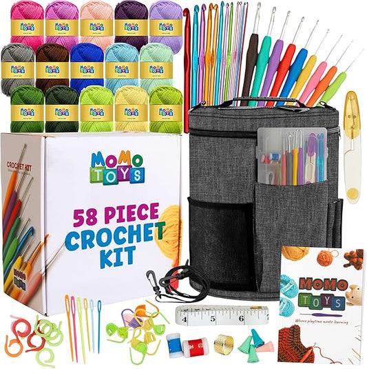 MOMOTOYS Crochet Kit for Beginners, Crochet Hook Set with Yarn Set,Crocheting Kit, 74PCS with Crochet Book and Bag, Crochet Kits for Beginners Adults, Crochet Accessories and Supplies