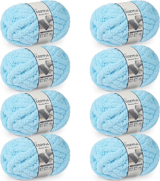 Chunky Yarn for Hand Knitting - #10 Chunky Chenille Yarn, Jumbo Big Thick Chunky Yarns for Crocheting, Super Bulky Chunky Knit Blanket Yarns, 8 Skein (25 yds 8 oz Each Skein), Sky Blue