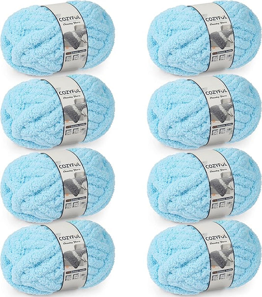 Chunky Yarn for Hand Knitting - #10 Chunky Chenille Yarn, Jumbo Big Thick Chunky Yarns for Crocheting, Super Bulky Chunky Knit Blanket Yarns, 8 Skein (25 yds 8 oz Each Skein), Sky Blue
