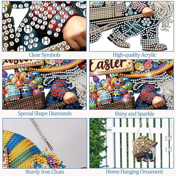 CEOVR Easter Diamond Painting Pendant, Easter Egg Gnome Hanging Diamond Art for Adults DIY Gem Art Wall Hanging Ornament, Acrylic Home Garden Decor with Chain, Box Kit 7.59×7.87inch