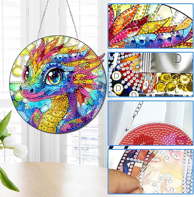 Reofrey Hanging Diamond Art Kits for Adults - 8x8 Inch Dinosaur Acrylic Board Double Sided Pattern Diamond Painting Suncatcher Pendant, DIY Crystal Art for Home Wall or Window Decoration Handmade Gift
