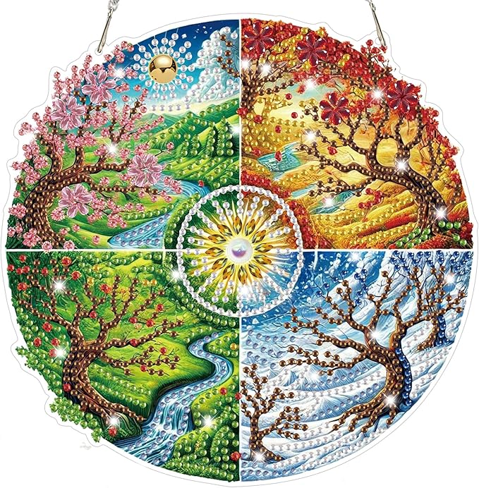 Bowetile Four Seasons Diamond Art Hanging Kits for Adults, Diamond Art Suncatchers Landscape, 5D Special Shape Diamond Painting Pendant Window Ornament Gifts for Home Wall Decor