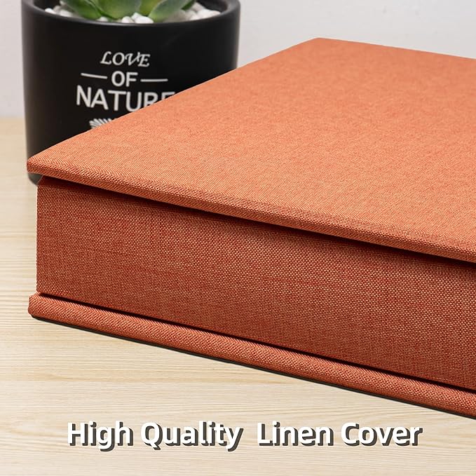 Large Photo Album Self Adhesive 4x6 5x7 3x5 8.5x11 Scrapbook Magnetic Album DIY Scrap Book Length 13 x Width 12.8 (Inches) 120 Sticky Pages Linen Cover DIY Photo Album (Orange)