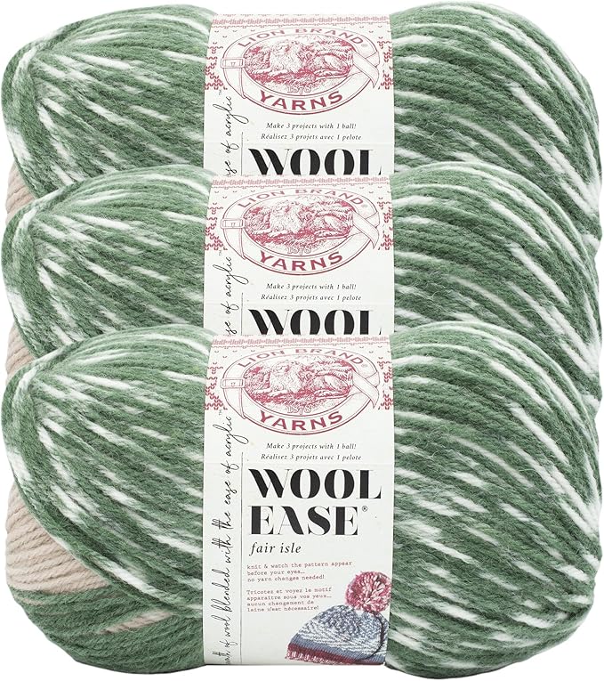 Lion Brand Yarn Wool Ease Fair Isle, Yarn for Knitting, Beige/Olive, 3 Pack