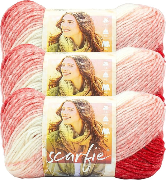 (3 Pack) Lion Brand Yarn Scarfie Yarn, Red/Cream