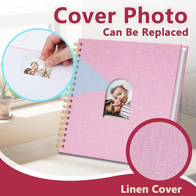 Vienrose 10X10 Inch DIY Scrapbook Album Linen Arch Window Photo Album 20 Blank Pages Scrap Book Photo Albums for Wedding Baby Shower, Pink