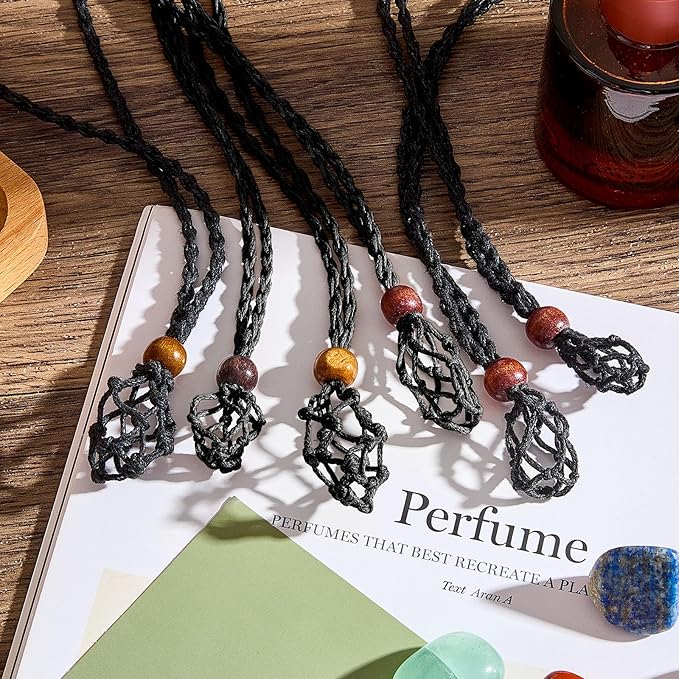 Hicarer 6 Pieces D20 Necklace Cord Empty Stone Holder Empty Necklace Holder Quartz Crystal Stone Cord, 3 Sizes Adjustable Cage Fish Netted for DIY Jewelry Making(Black)
