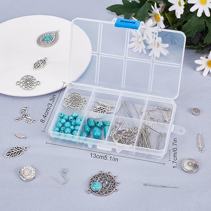 SUNNYCLUE 1 Box DIY 10 Pairs Vintage Style Chandelier Charms Hollow Leaf Charm Earring Making Kit Synthetic Turquoise Beads Feather Charms for Jewelry Making Flower Shape Teardrop Charm Adult Craft