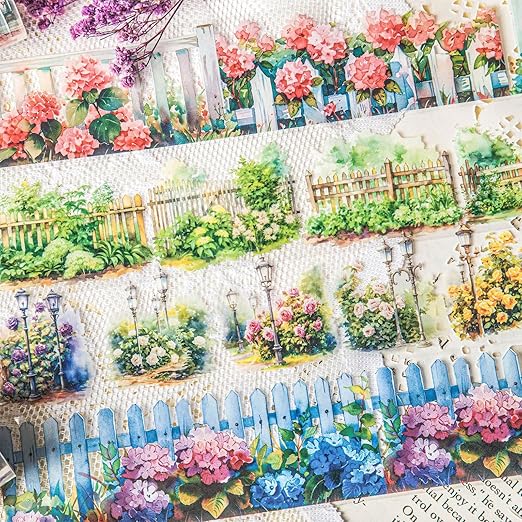 PET Tape Stickers for Journaling 6 Rolls Pre-Cut Flower Washi Tape Stickers Decorative Tape for Crafts Scrapbooking Junk Journal Supplies, Plants Fence