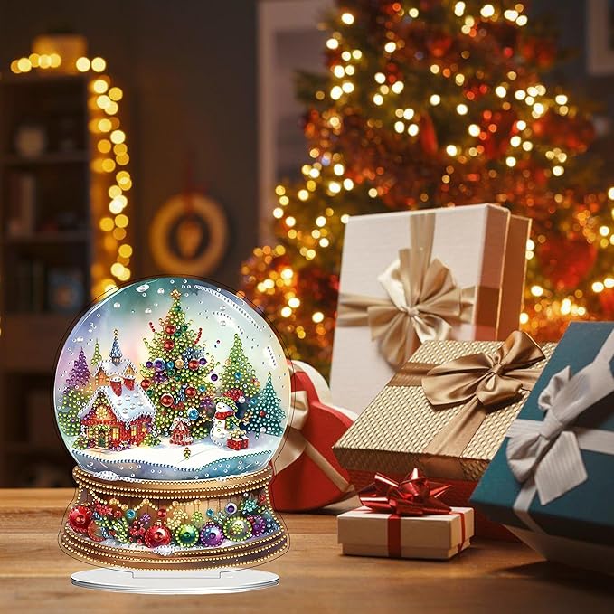 JJFox DIY Tabletop Diamond Art Painting Kit，Desktop Ornament Special Shaped Rhinestone Desk Placement Ornament，Home Stand Up Gem Painting Craft Kit Gift Double Sided (Christmas Crystal Ball)