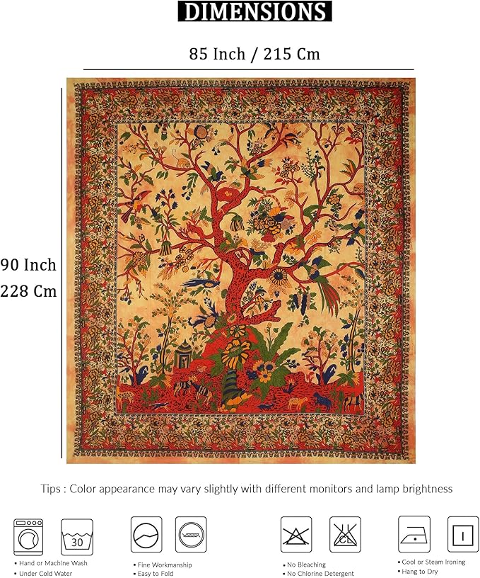 the art box store yellow orange tree of life wall hanging tapestry for bedroom (full, 85x90 inch) – indian cotton bedspread, picnic sheet, nature-inspired wall decor