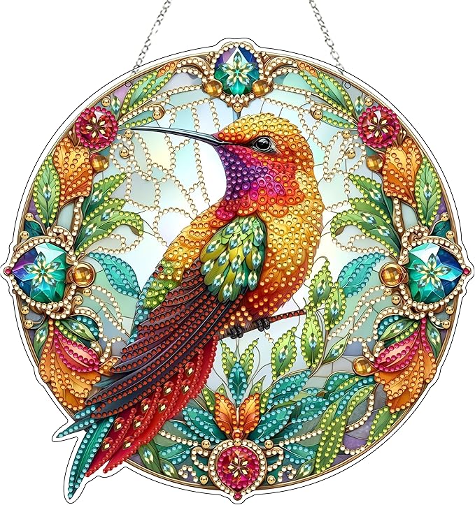 JJFox DIY Acrylic Diamond Art Painting Wreath Kits Special Shaped Rhinestone Diamond Art Window Pendants Home Garden Wall Hanging Kits Hanging Ornament (Hummingbird)