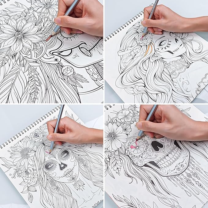 FUN LAVIE Sugar Skull Coloring Book for Adults – Elegant Floral Sugar Skull Lady Designs for Women Mindfulness, Stress Relief & Relaxation, Spiral Bound, Perfect Day of the Dead Art Gift