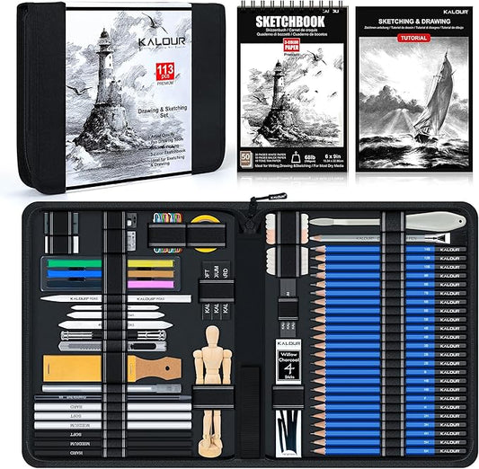 KALOUR 113PCS Drawing Set, Professional Sketching Kit with 3-Color Sketchbook,Graphite & Charcoal Pencils, Wooden Mannequin, Art Tools in Zipper Case, Art Supplies for Beginners & Artists Gift