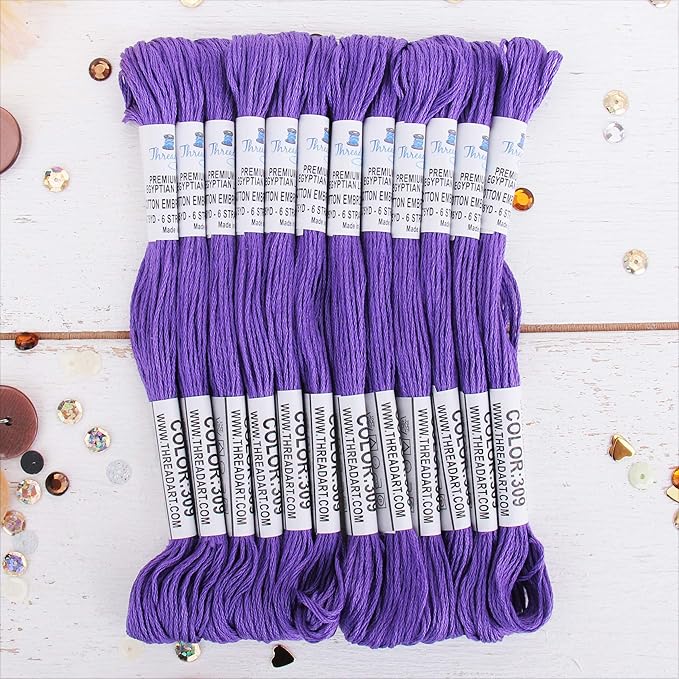 12 Skeins ThreadArt Premium Egyptian Long Fiber Cotton Embroidery Floss | Violet | 6 Strand Divisible Thread 8.75yds Each for Hand Embroidery, Friendship Bracelets, Cross Stitch and Crafts