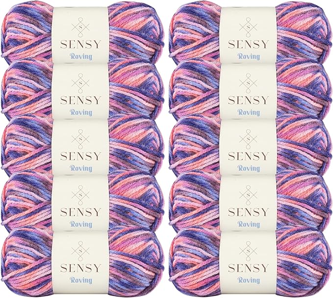 10 Skeins of Sensy Roving Multi Color Yarn, 3.5 oz, 132 Yards, Gauge 5 Bulky (Purple Sky)
