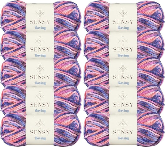 10 Skeins of Sensy Roving Multi Color Yarn, 3.5 oz, 132 Yards, Gauge 5 Bulky (Purple Sky)