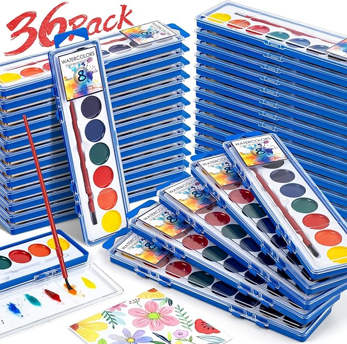 36 pack watercolor paint set, washable watercolor paint bulk for kids, water color paint with paint brushes, ideal gifts for party favors, school supplies & classroom prizes, art activities, 8 colors