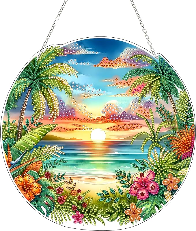 JJFox Diamond Art Hanging Kit for Adult,Special Shaped Rhinestone,Double Sided DIY Acrylic 5D Diamond Art Painting Window Pendants Home Garden Wall Hanging Kits Hanging Ornament (Summer Beach)
