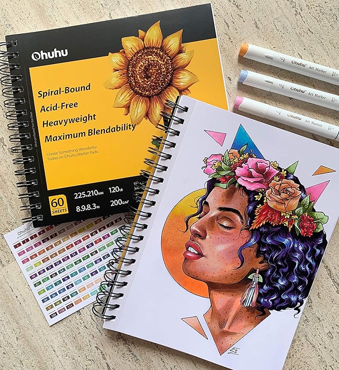 Ohuhu Marker Pads Art Sketchbook, 7.6"x10" Large Paper Size, 120 lb/200 GSM Heavy Smooth Drawing Papers, 60 Sheets/120 Pages, Spiral-Bound Sketch Book for Alcohol Markers Christmas Gift