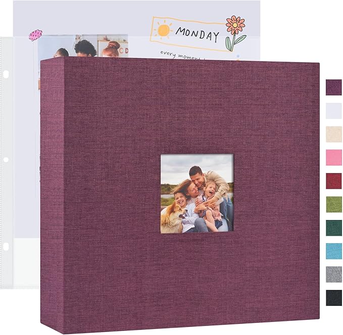 Mublalbum 12x12 Inch DIY Scrapbook Photo Album with 40 Plastic Sleeves 80 Pages Linen Cover 3 Ring Folder Binder for Wedding Baby Family and DIY Projects (Purple)