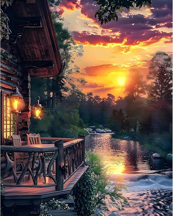 EIBEILI Diamond Art Kits for Adults, Wooden House Sunset Diamond Painting Kits for Beginner Round 5D Full Drill Diamond Dots Crafts for Home Wall Decor Gifts 12x16 Inch