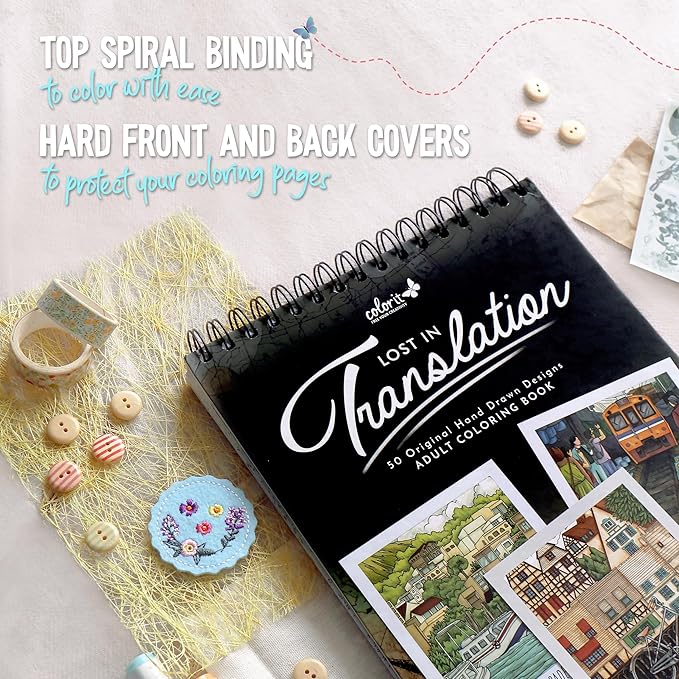 ColorIt Lost in Translation Spiral Bound Adult Coloring Book, 50 Single-Sided Designs of Unique Travel Destinations & Attractions, Thick Paper, Perforated Paper, Lay Flat Hardback Cover, & Ink Blotter