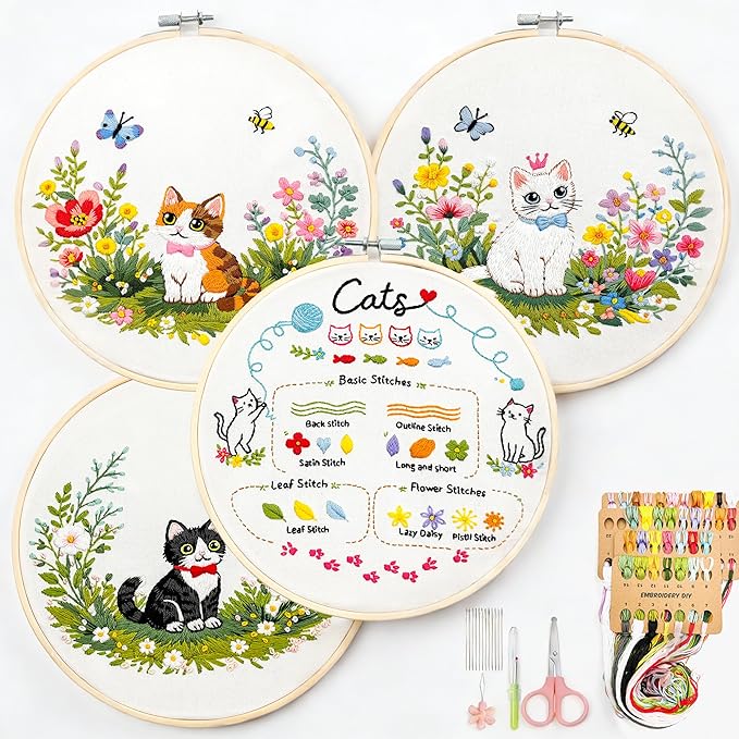Peonfly Cat Embroidery Kit for Beginners, 4 Pack Stamped Embroidery Starter Kit with 4 Hoops, 9 Stitch Types Practice Sampler, Animal Floral Wall Hanging Décor (Value Pack)