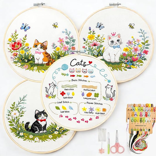 Peonfly Cat Embroidery Kit for Beginners, 4 Pack Stamped Embroidery Starter Kit with 4 Hoops, 9 Stitch Types Practice Sampler, Animal Floral Wall Hanging Décor (Value Pack)