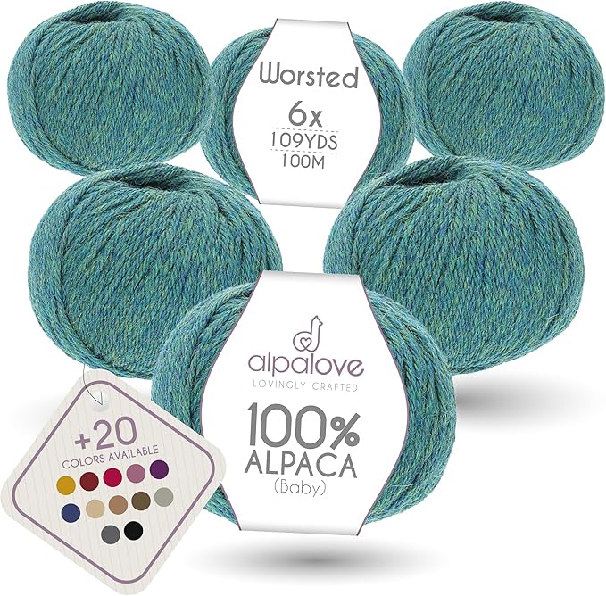 Worsted Set (6 x 1.75 oz) Super Soft Baby Alpaca Knitting Yarn Blue Green 656 Yards