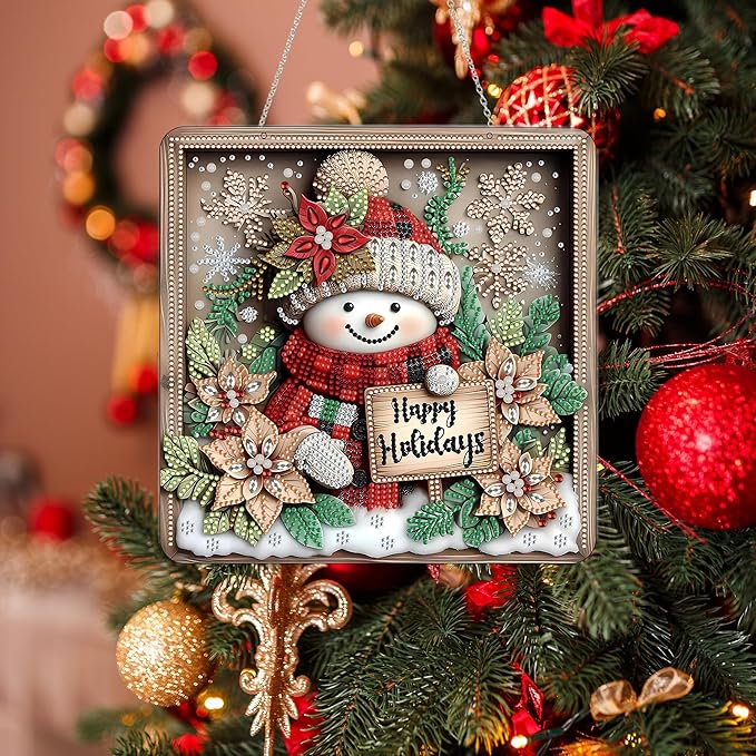 DIY Acrylic Diamond Art Painting Wreath Kits Special Shaped Rhinestone 5D Diamond Art Window Pendants Home Garden Wall Hanging Kits Hanging Ornament，Double Sided(Christmas Snowman-1)