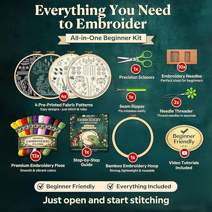 Moni Crafts - Embroidery Kit for Beginners Adults – Learn Embroidery Stitches, Complete Starter Kit with 4 Pre-Printed Patterns (Mushroom & Floral), Threads, Needles & Hoop – Video Tutorials