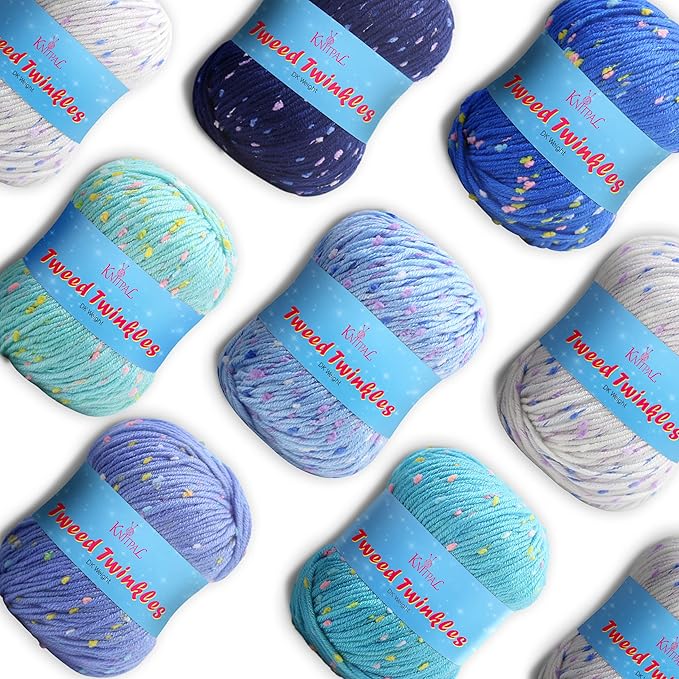 Tweed Twinkles Soft Baby Yarn for Crocheting, 8-Pack (696Yds / 400G), Free Patterns - Acrylic Baby Blanket Knitting Yarn with Flecks - Size 3 DK Light Worsted Weight - Blue Pack