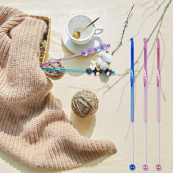 Framendino, 6 Pack Beadable Crochet Hooks 4 mm Aluminum Set for Knitting Scarf Hat Colors