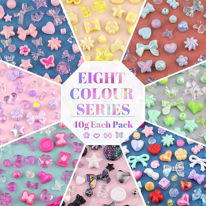 500-550pcs tinkrstuff assorted 8 mixed colors acrylic beads for bracelet making, cute beads for jewelry making flower bow butterfly gummybear aesthetic bracelet beads,diy necklace keychain phone charm