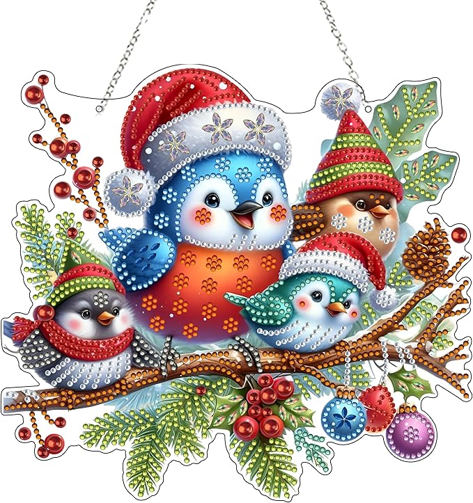 Diamond Art Hanging Kit for Adult,Special Shaped Rhinestone,DIY Acrylic Diamond Art Painting Window Pendants Home Garden Wall Hanging Kits Hanging Ornament,Double Sided. (Christmas Bird)