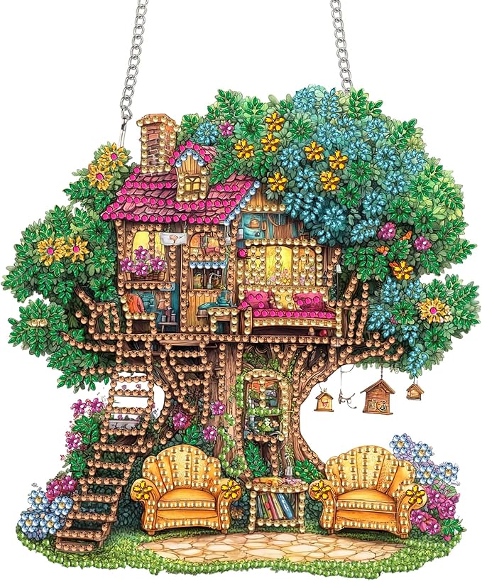Bimkole Tree Diamond Art Hanging Kit for Adult, DIY 5D Diamond Art Houses Window Pendant, Acrylic Crystal Art Hanging Ornament Home Wall Garden Front Door Sign Outdoor Decor 7.8x7.8 Inch