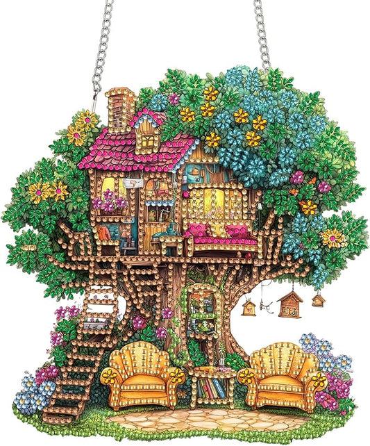 Bimkole Tree Diamond Art Hanging Kit for Adult, DIY 5D Diamond Art Houses Window Pendant, Acrylic Crystal Art Hanging Ornament Home Wall Garden Front Door Sign Outdoor Decor 7.8x7.8 Inch