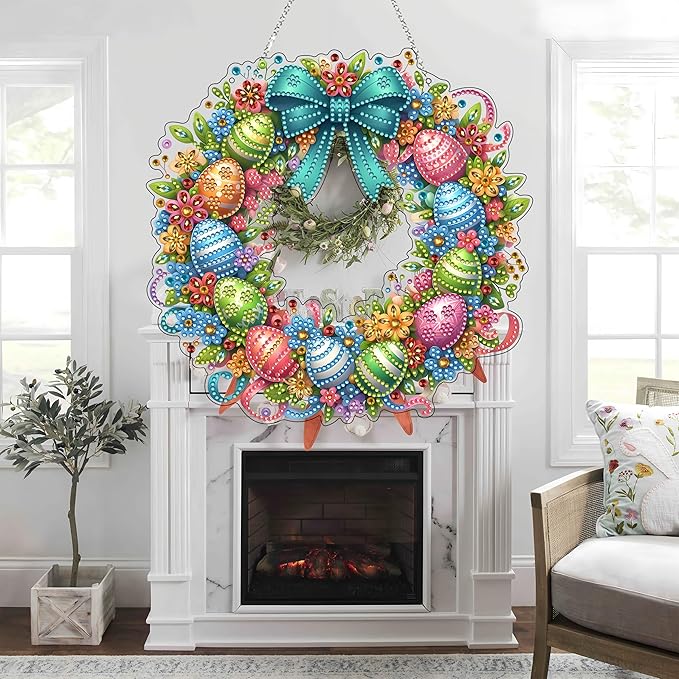 DIY Diamond Art Painting Wreath Kits，Special Shaped Rhinestone Hanging Ornament Diamond Art Window Pendants for Gift Home Garden Wall Hanging Kits,Double Sided (Easter Wreath)