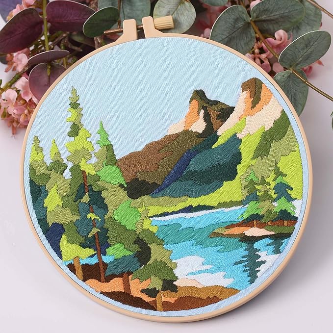harimau 4p beginner embroidery kit,floral plant pattern,cross stitch kits, including stamped embroidery cloth with 2 embroidery hoops, color threads and embroidery kits
