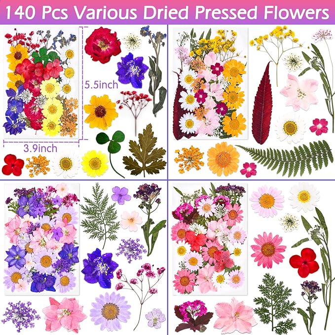 140 Pcs Dried Pressed Flowers for Resin, Real Pressed Flowers Dry Leaves Bulk Natural Herbs Kit for Scrapbooking DIY Art Crafts, Epoxy Resin Jewelry Molds, Candle, Soap Making, Nails Décor