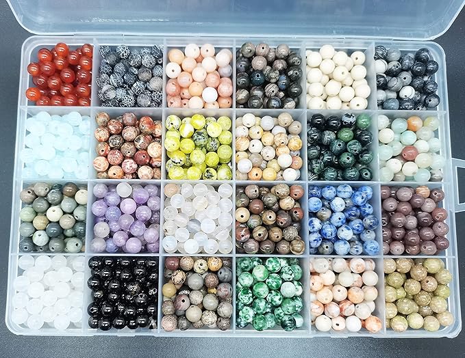 Yephac 1200pcs 6mm Natural Round Stone Beads - Gemstone Loose Beads Hole Size 1mm for Bracelet Necklace Earrings Jewelry Making, Box Packed (24 Material-2, 6mm)