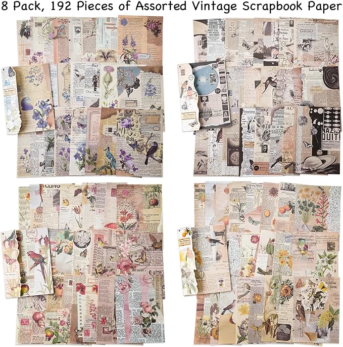 192 Sheets of Scrapbook Paper, Journaling Scrapbooking Supplies Craft Kits Vintage Room Decor Posters Decoupage Paper Ephemera for Junk Journals Bullet Journal Card Making Decorative Background